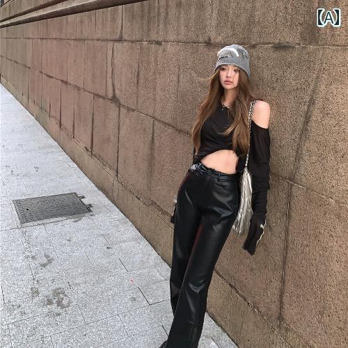 レディース ズボン カジュアル パンツ シンプル 黒 Pu レザー 秋冬 ジッパー スリット ハイウエスト ストレートレザー ズボン