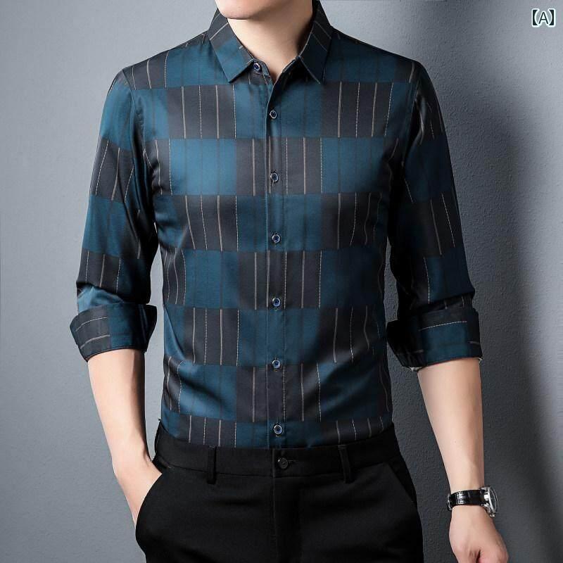 シャツ メンズ 男性用 長袖 ノーアイロン 接触冷感 薄手 チェック柄 ビジネス カジュアル 普段使い 通勤 春秋 トップス ゆったり リラックスフィット レギュラーカラー おしゃれ ブラック ブルー