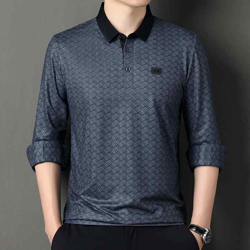 ポロシャツ メンズ 男性用 シームレス 接触冷感 長袖 Tシャツ チェック柄 薄手 軽量 ルーズフィット ゆったり カジュアル ファッション 春秋 ブルーグレー ダークグレー ブラウン系