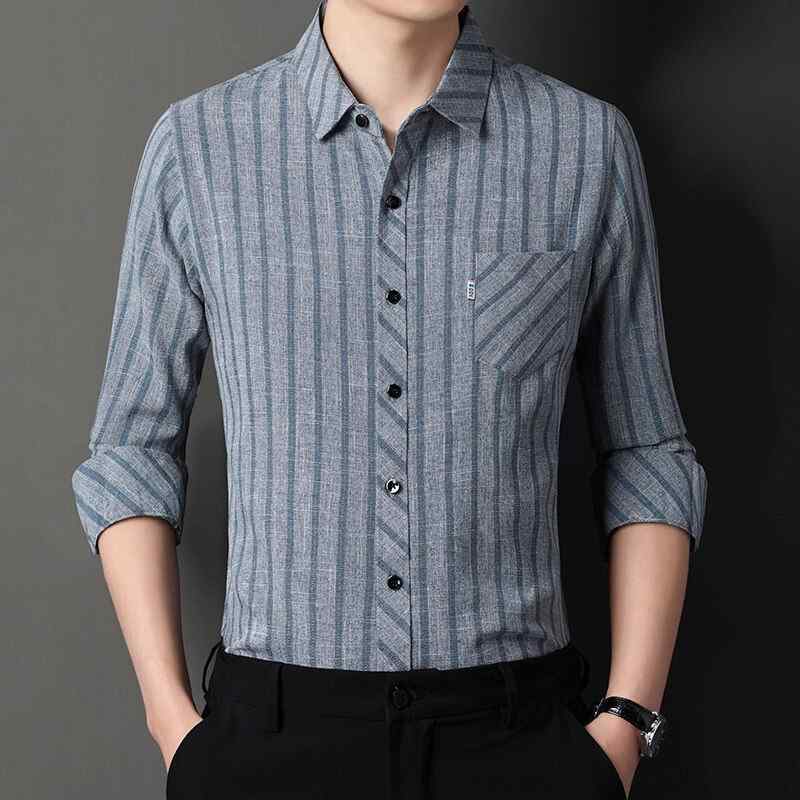 シャツ メンズ 長袖 ストライプ トップス 綿麻 春秋 中高年 ビジネス カジュアル 薄手 ポケット付き 通勤 オフィス 普段使い 男性用