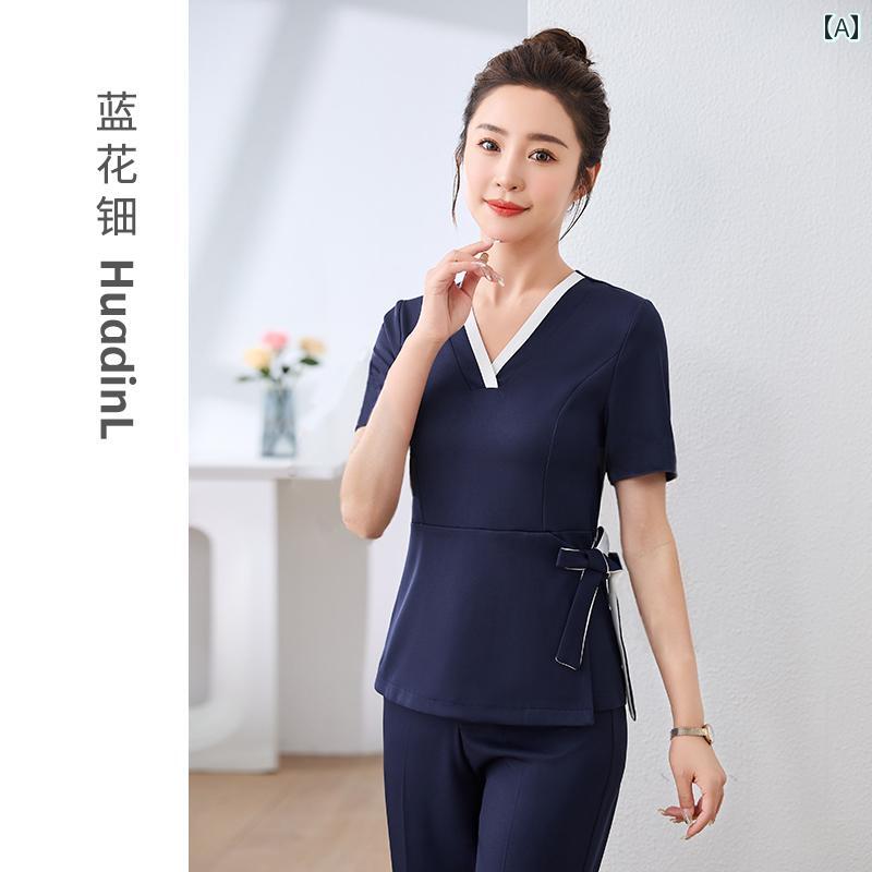 制服 女性用 美容師 スパ エステ サロン フットケア セラピスト 上品 業務用 セットアップ 半袖 七分袖 長ズボン ポリエステル 伸縮素材 ネイビー ホワイト 春夏