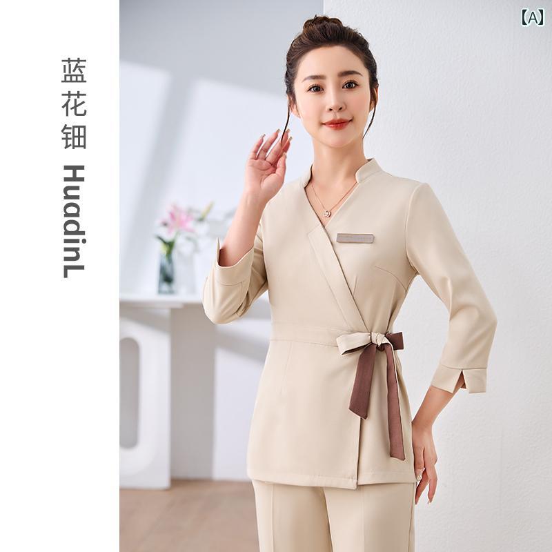 Pants Suit - 制服 レディース 美容師 エステティシャン セラピスト 上品 高級感 パンツスーツ セットアップ 通気性 伸縮性 快適 春夏 スパ マッサージ ウェア