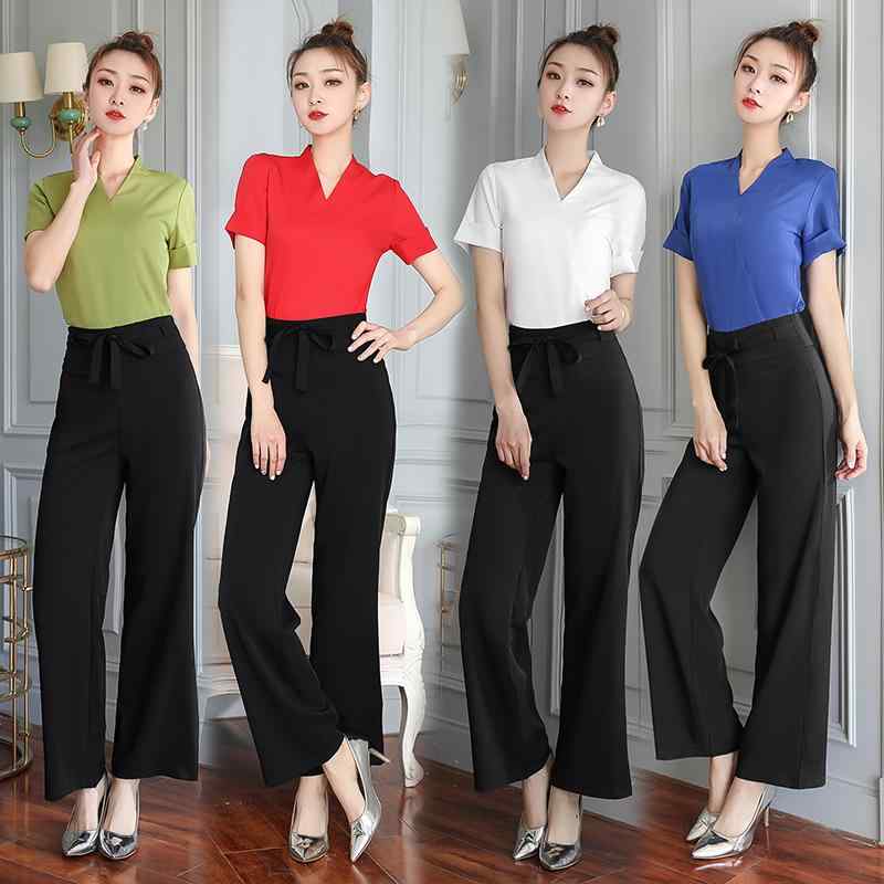 制服 レディース エステ スパ 美容院 サロン ユニフォーム 施術着 フットケア Vネック トップス ロングパンツ 上下セット 切り替え 細見え 体型カバー ポリエステル スパンデックス 伸縮性