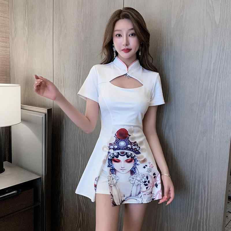 チャイナドレス レディース ワンピース エレガント 上品 Vネック 半袖 ショート丈スカート Hライン セットアップ 制服 スパ エステ フットケア サロン 整体 ユニフォーム 山水画柄