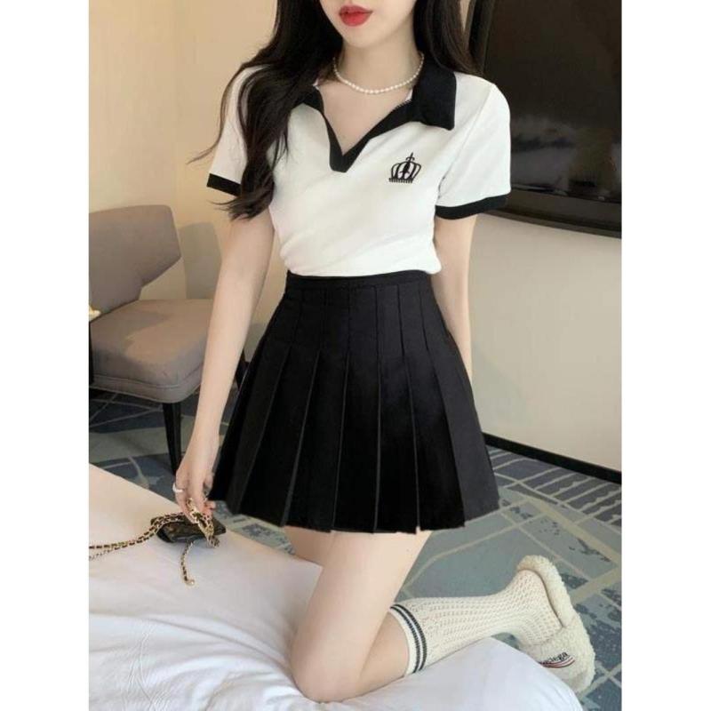 制服 レディース フットケア セラピスト 足つぼ マッサージ エステ 美容院 セクシー エレガント プリーツスカート セットアップ 綿混 半袖 Aライン ハイウエスト