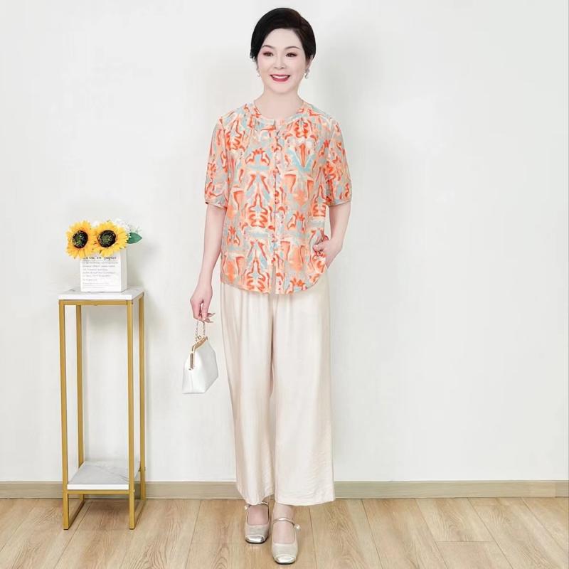 セットアップ レディース ミセス 中高年 女性 半袖 ブラウス シャツ 九分丈パンツ ゆったり おしゃれ エレガント きれいめ 薄手 通勤 春夏 ポリエステル 再生繊維 オレンジ ローズピンク(4)