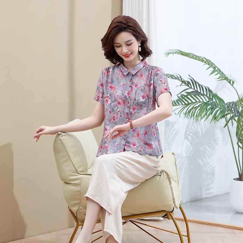 セットアップ レディース ミセス 半袖 綿麻 小花柄 2点セット ゆったり ポロ襟 クロップドパンツ 上品 春夏 大きいサイズ
