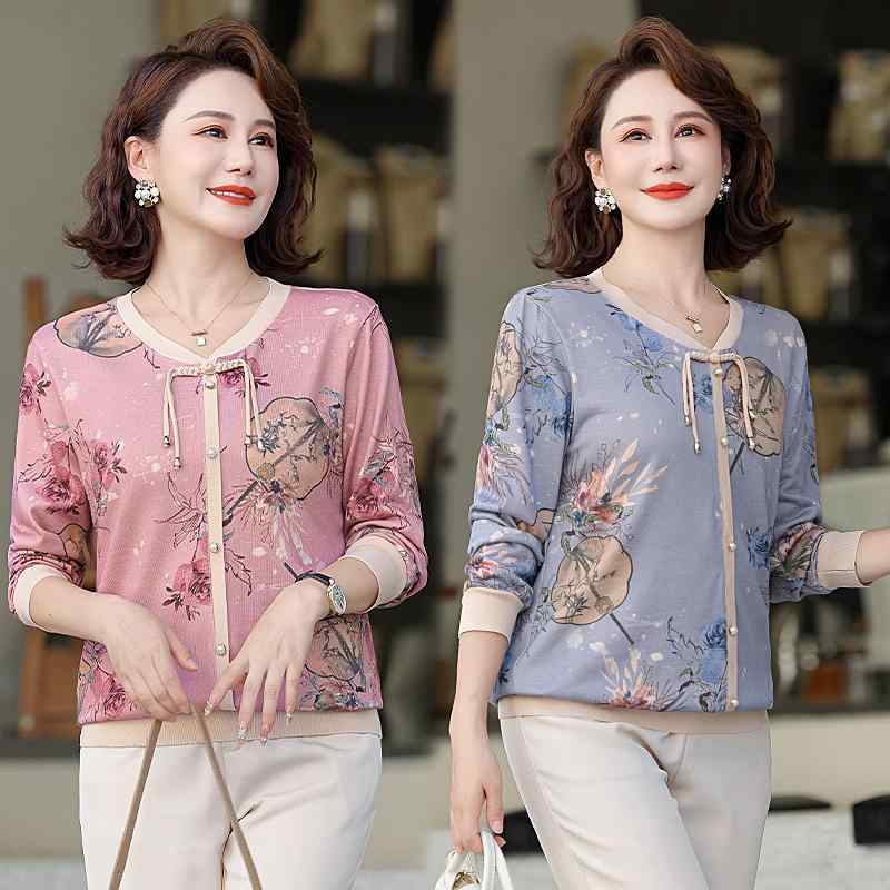 Tシャツ ミセス レディース 中高年女性 長袖 薄手 ニット 新チャイナスタイル ラウンドネック ゆったり ポリエステル 伸縮性 春夏 通勤 普段使い ブルー系 ピンク系