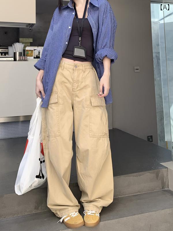 レディース ズボン カジュアル パンツ レトロ ハイウエスト ワークウェア 秋 ファッション スリム ワイドレッグ