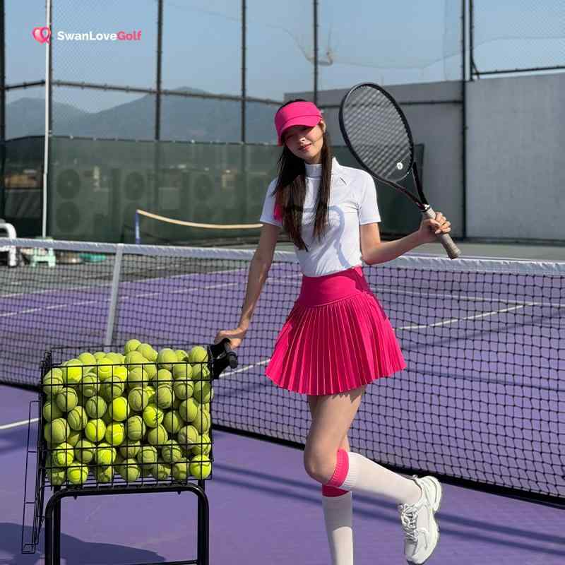 テニスウェア レディース セットアップ 半袖トップス ハイウエスト 着痩せ プリーツスカート スポーツ ..