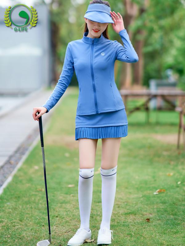 ゴルフウェア レディース 秋冬 長袖 ブルー 保温性 ニットジャケット スポーツ ラウンド プリーツ 速乾..