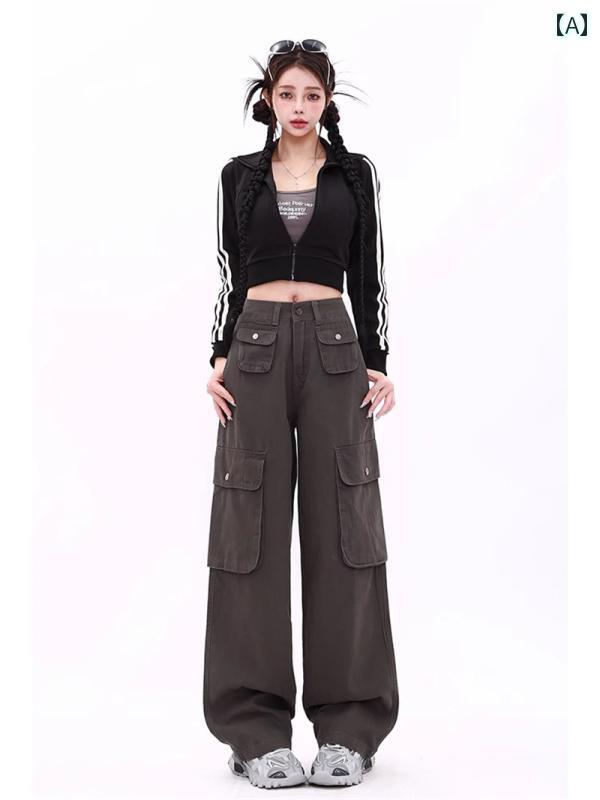 レディース ズボン カジュアル パンツ 韓国 ワークポケット 秋 ハイウエスト ワイドレッグ ロング