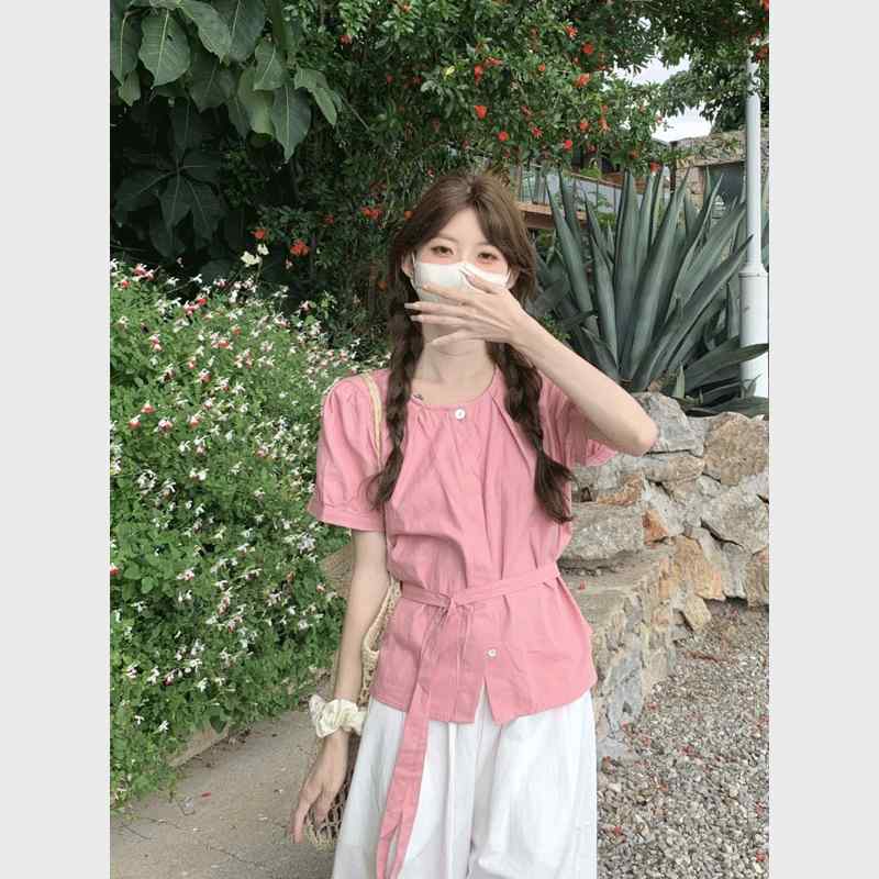 ブラウス レディース フレンチガーリー ピンク ラウンドネック パフスリーブ 夏 ショート丈 ゆったり ユニーク デザイン性 ポリエステル ドールブラウス 無地 通勤