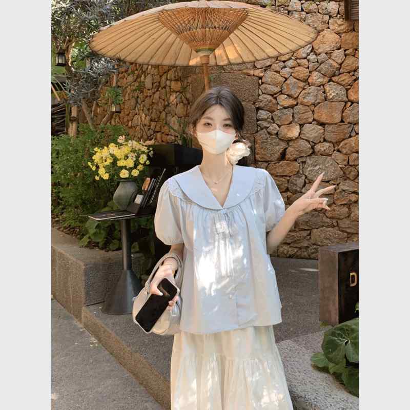 ブラウス レディース ブルー レース ドールカラー パフスリーブ ゆったり 体型カバー デザイン 上品 フェミニン 着回し 夏 トップス 普段使い