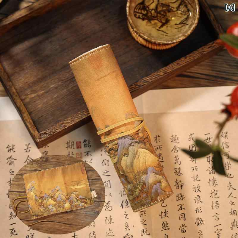 書道 筆入れ レトロ風 ペン バッグ スクロール ペンシル 生地 収納 キャンバス 文具 箱 シンプル カーテン 大容量 ローリング