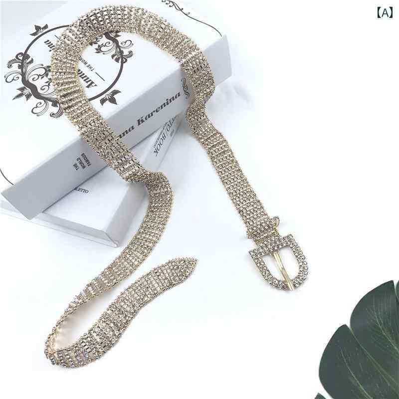 ベルト レディース おしゃれ キラキラ ラインストーン エレガント 10列 象眼細工 ウエストチェーン フ..