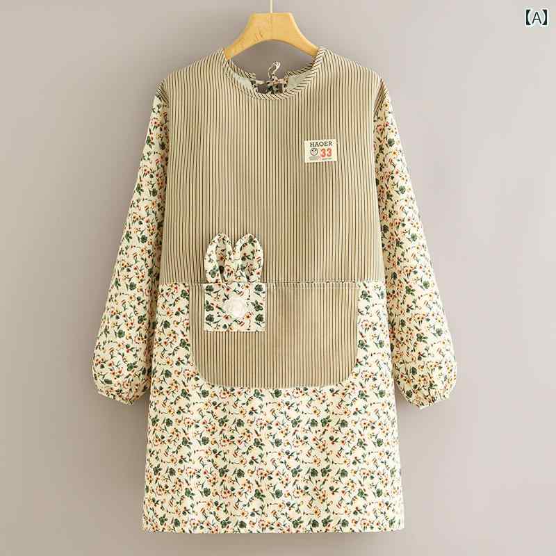 エン 保育士 長袖 割烹着 おしゃれ 大人 スモック レディース キャンバス ホーム キッチン 防汚 通気性 調理 韓国 耐摩耗 グリーン ブラウン ピンク 花柄