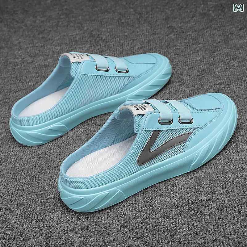 かかし スニーカー メンズ スリッポン 夏 通気性 つま先 ハーフ キャンバス ヒールし 仕事 カジュアル 靴 ベージュ ホワイト ブラック