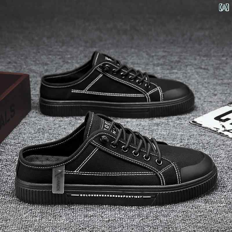 かかし スニーカー メンズ スリッポン キャンバス シューズ 夏 通気性 カジュアル フラット つま先 靴 スポーツ ハーフ スリップ ブラック ホワイト