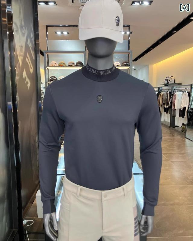 ゴルフウェア メンズ スポーツ カジュアル かっこいい おしゃれ 紳士服 トップス 長袖 韓国 秋冬 ハイネック スリム シャツ 黒