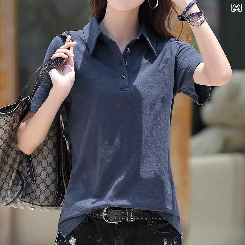 ポロシャツ レディース 綿 半袖 Tシャツ 夏 薄手 襟 カジュアル ゆったり ブルー パープル ホワイト