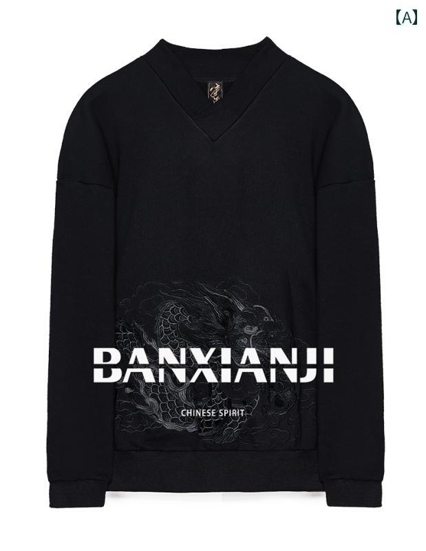 スウェット トレーナー メンズ 刺繍 ドラゴン 龍 プルオーバー トップス カジュアル 長袖 紳士服 中国..