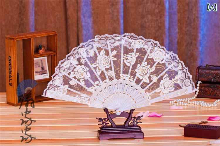 扇子 レース おしゃれ 春 バラ 花 ダンス 中国風 レトロ ファッション 透け感 ホワイト ブラック ピンク