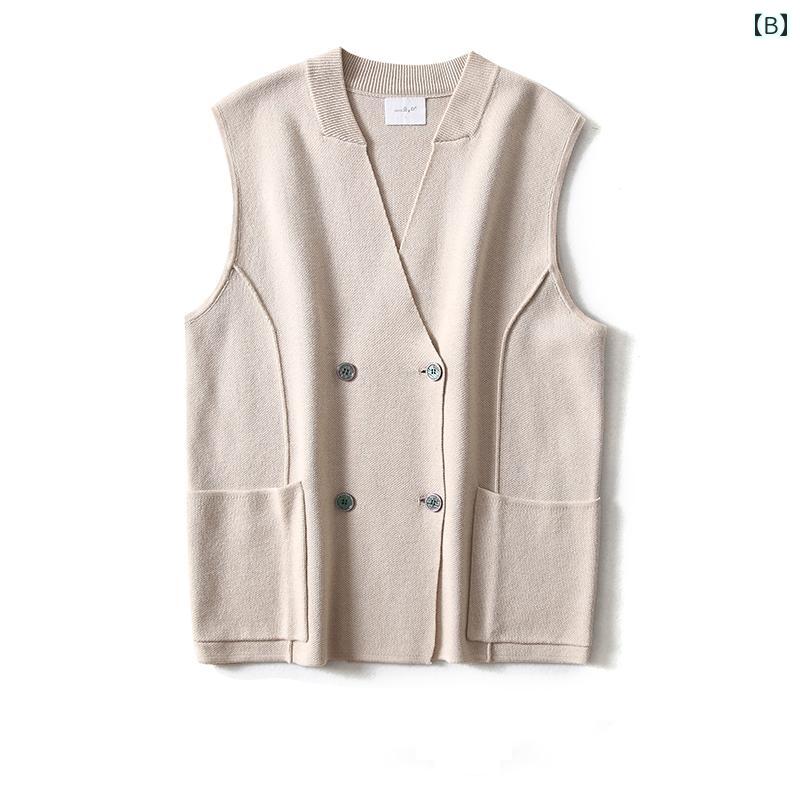 ニット ベスト メンズ vネック ビジネス カジュアル 大きめサイズ ゆったり ノースリーブ ダブルブレスト セーター ジャケット カーキ ブラック