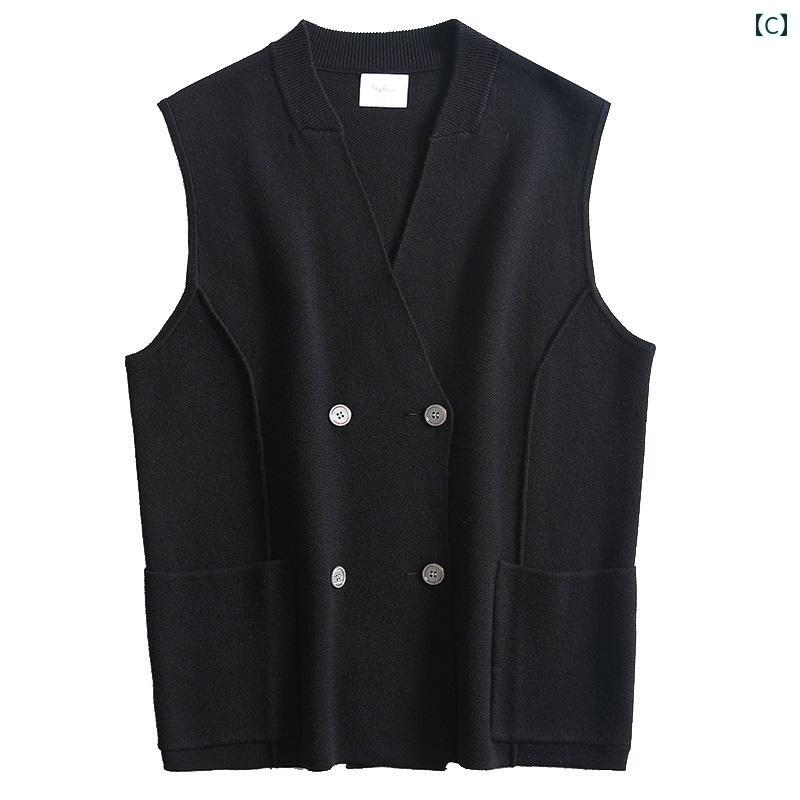ニット ベスト メンズ vネック ビジネス カジュアル 大きめサイズ ゆったり ノースリーブ ダブルブレスト セーター ジャケット カーキ ブラック