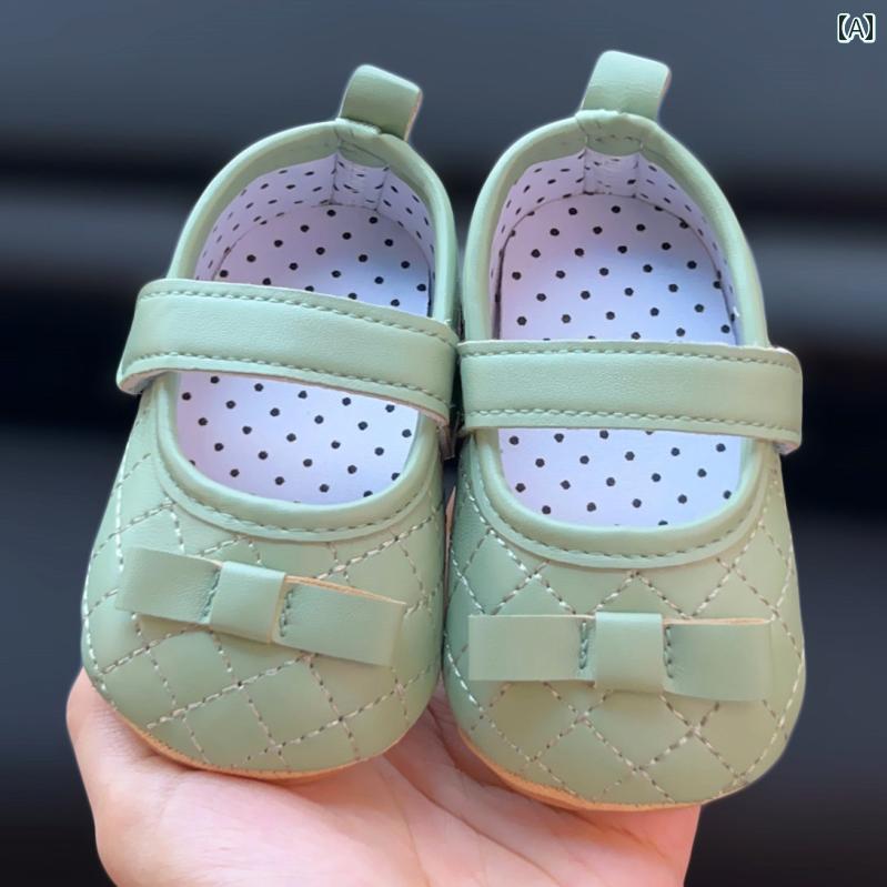 ベビーシューズ 子供 靴 キッズ 春秋 女の子 柔らかい ソール キルティング リボン かわいい グリーン ホワイト