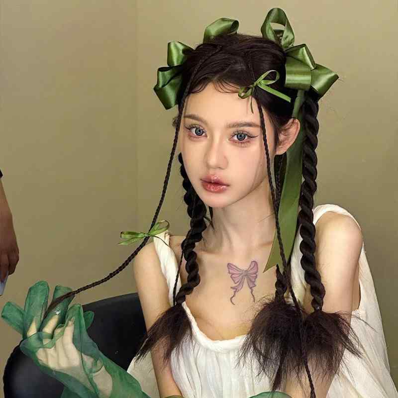 レディース ヘアクリップ バタフライ リボン 暗緑 ロング リボン 花嫁 ヘアアクセサリー サテン 生地 ..