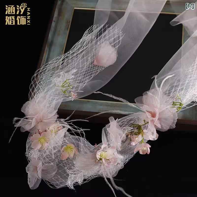 ヘアアクセサリー レディース ピンク フラワー フェザー チュール ヘッドバンド 春 ウェディング ビン..