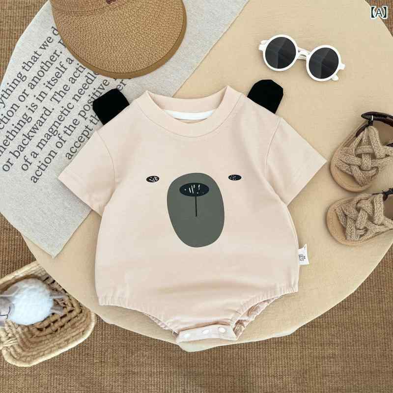 ベビー 男の子 夏用 連体クロール服 綿 短袖 薄手 かわいい クマ柄 白 カーキ 外出用 室内遊び 伸縮性 吸湿速乾