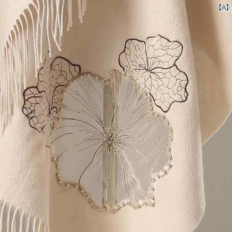 ストール 花柄 刺繍 レディース スカーフ ショール 中国風 おしゃれ 冬 ウール 暖かい 厚手 ビーズ パール 大判 ベージュ グレー パープル