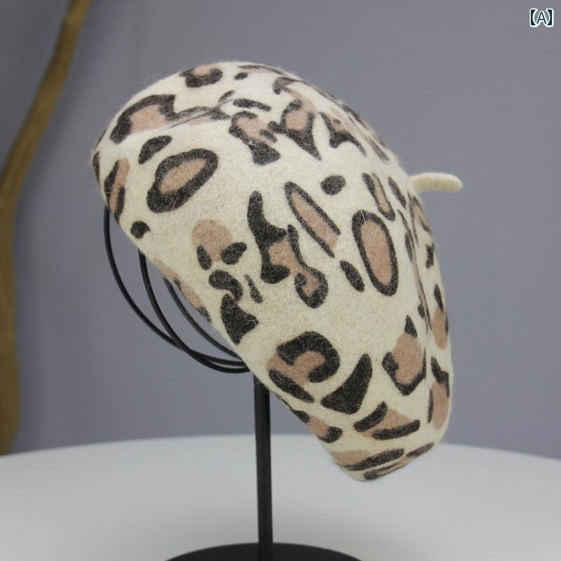 ベレー帽 帽子 ヒョウ柄 レオパード レディース カジュアル レトロ モダン ウール 秋冬 ベージュ グレー ブラウン