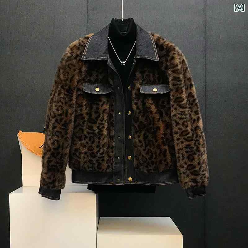 ヒョウ柄 ジャケット メンズ レオパード アウター カジュアル 秋冬 ウール 厚手 デニム ステッチ ブラウン