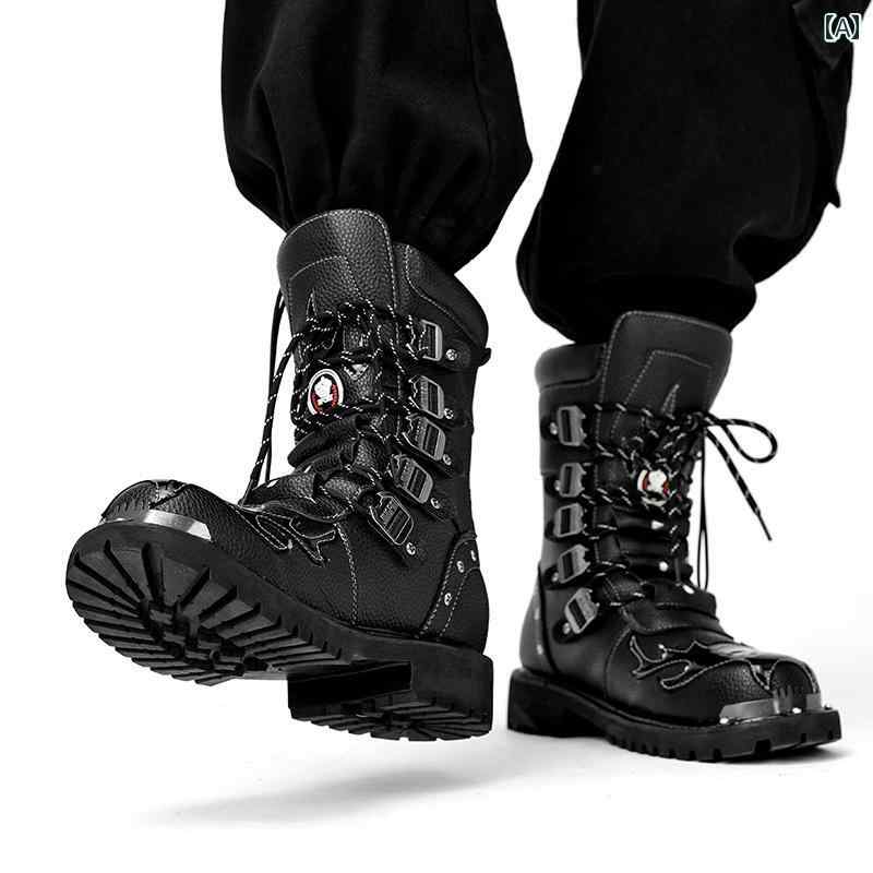 ブーツ メンズ シューズ カウボーイ ウエスタン 春秋 ハイカット 英国 ワーク レザー アメリカン レトロ パンク レースアップ ブラック