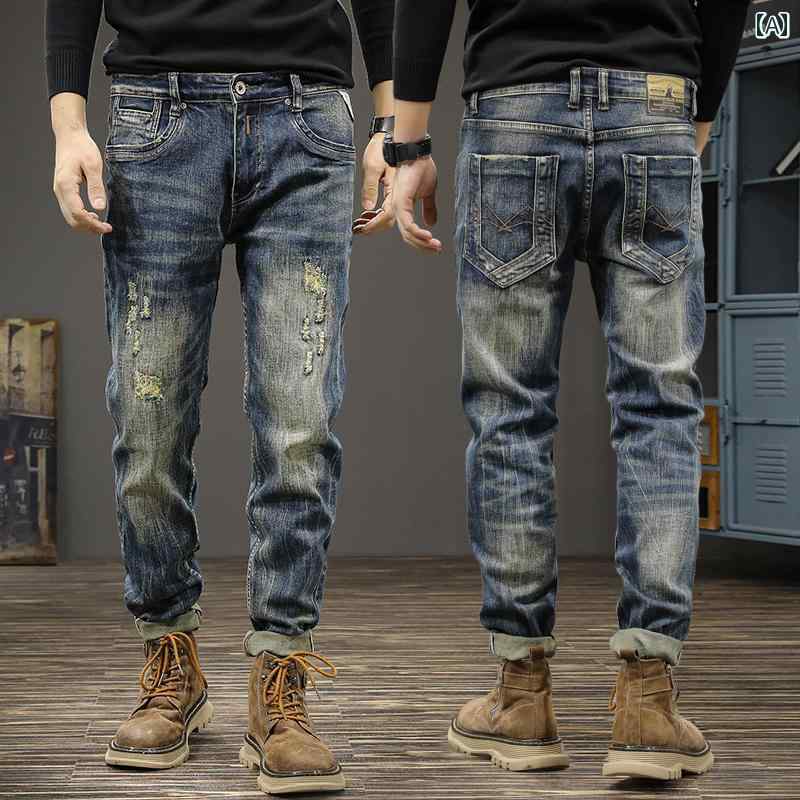 デニムパンツ メンズ ジーンズ ジーパン ズボン かっこいい おしゃれ カジュアル レトロ 春秋 ダメージ クラッシュ スリム ストレート アメリカン ブルー ブラック