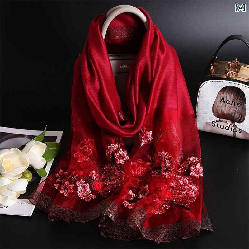 ストール 花柄 刺繍 レディース スカーフ ショール ロング 大判 ガーゼ 透け感 春秋 レッド ブラック ホワイト