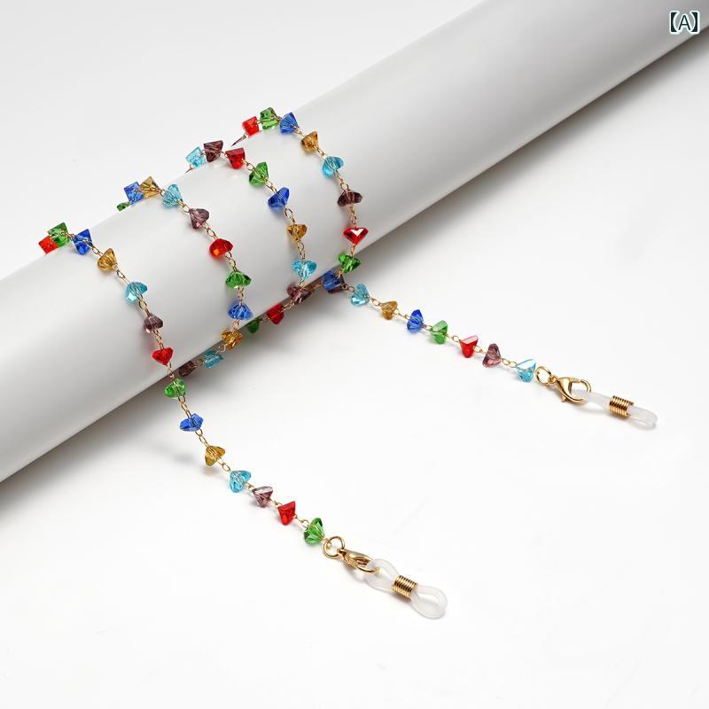 メガネチェーン 眼鏡チェーン ストラップ ビーズ レトロ カラフル マスク ぶら下げ グリーン イエロー キャメル