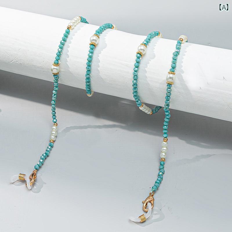 メガネチェーン 眼鏡チェーン ストラップ ビーズ マスク 紛失防止 ロープ イヤホン レトロ ブルー グリーン ピンク