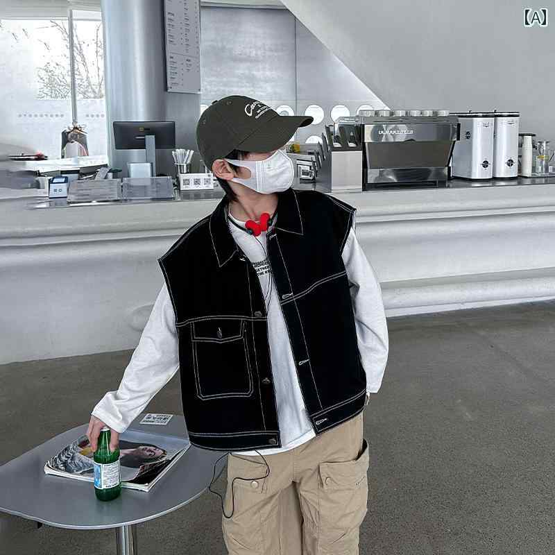 デニム ベスト キッズ 男の子 子供服 ノースリーブ ジャケット Gジャン 春秋 薄手 チョッキ ブラック 韓国