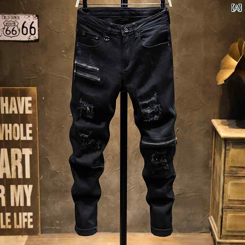 デニムパンツ メンズ ジーンズ ジーパン 春秋 ジッパー バイク スリム スキニー フィット ブラック ダメージ クラッシュ(4)