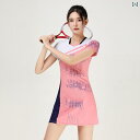 バドミントン ウェア スポーツ レディース おしゃれ ワンピース 速乾 ロング 半袖 韓国 メッシュ トップス プリント テニス