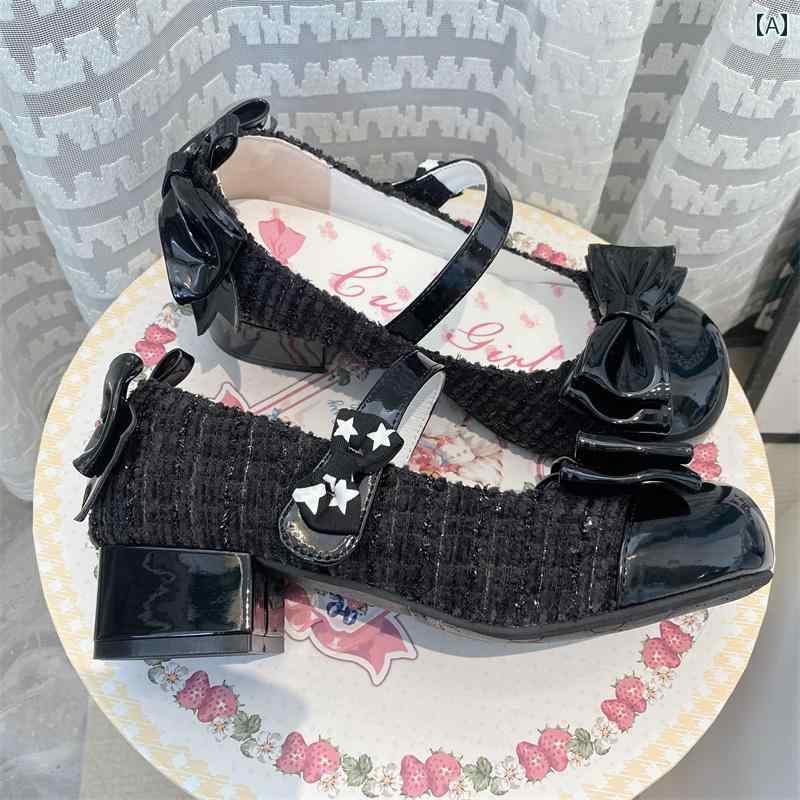 ロリータ 靴 レディース パンプス ガーリー Lolita メイド コスプレ かわいい 女の子 リボン ツイード ハイヒール ブラック ホワイト ピンク