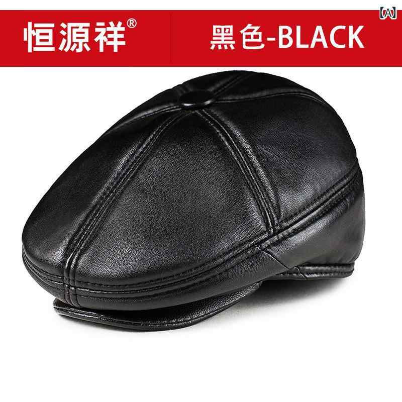 ハンチング メンズ 帽子 フラットトップ 春秋冬 暖かい シープスキン 革 レザー ブラック 耳あて