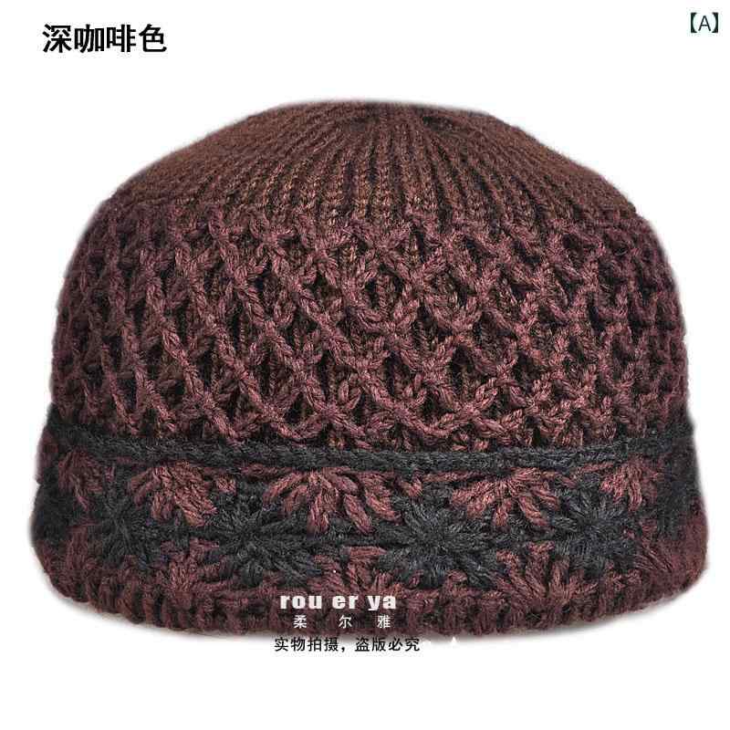 帽子 レディース 婦人 ミセス おばあちゃん 厚手 手編み ウール 秋冬 ニット ブラウン ワインレッド パ..