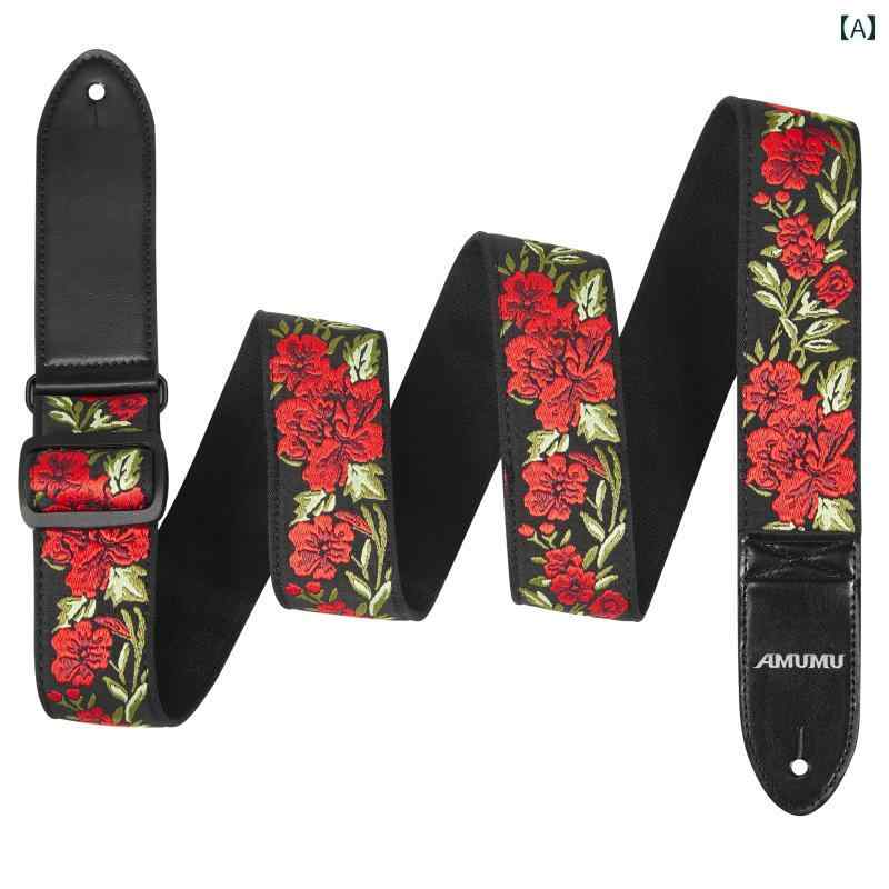 ギターストラップ レトロ ローズ ベース クロス ボディ エレキ 楽器 アクセサリー ギフト レッド バラ 薔薇 おしゃれ