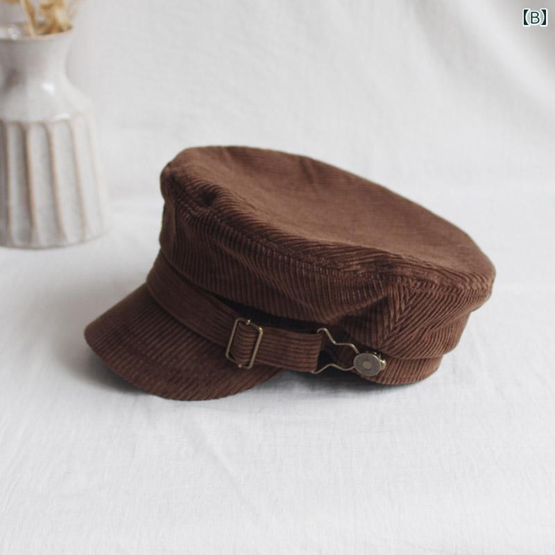 キャスケット レディース 帽子 韓国 メタル バックル 秋冬 カジュアル コットン フラット トップ ハット キャメル ブラウン ブラック 2