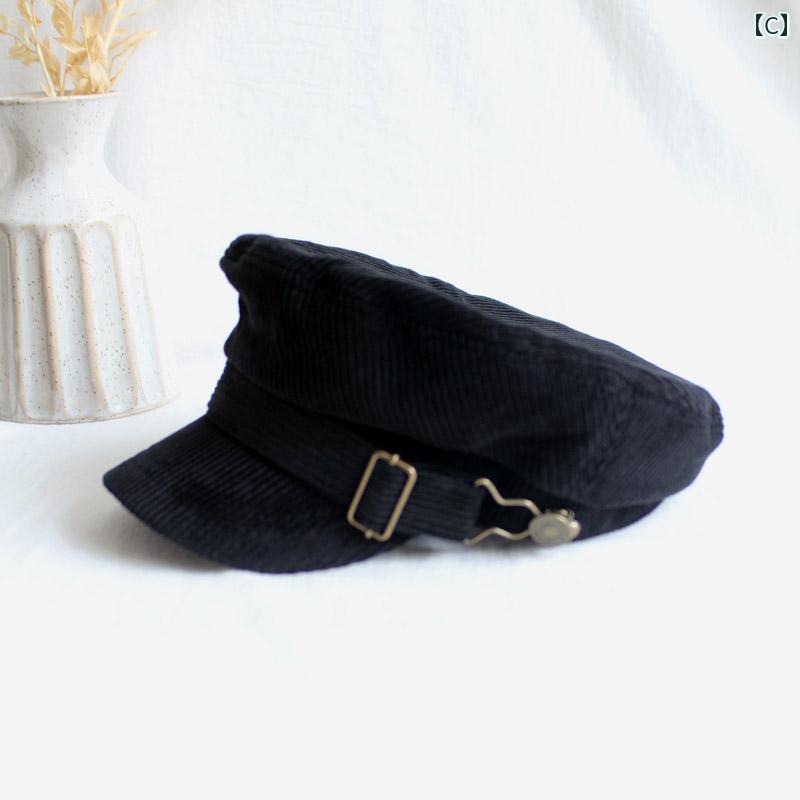 キャスケット レディース 帽子 韓国 メタル バックル 秋冬 カジュアル コットン フラット トップ ハット キャメル ブラウン ブラック 3